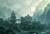 огни, пейзаж, река, туман, Jade dynasty, мост, город, горы