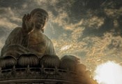 солнце, небо, Будда, статуя, облака