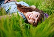 Девушка, настроение, улыбка, трава, лето, природа