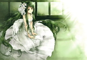 невеста, девушка, Платье, свет, цветы, зеленые волосы