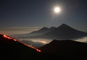 Вулкан, извержение, горы, гватемала, небо, звезды