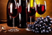 орех, бутылки, виноград, бокалы, Вино, кисть, гроздь