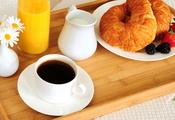 рогалик, Еда, постель, апельсиновый сок, кофе, завтрак