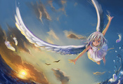 море, ангел, девушка, вода, перья, полет, Marera gatsu, крылья