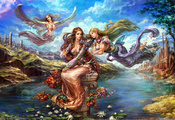 крылья, цветы, эльф, фея, Forsaken world, девушки, лотос, пруд