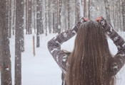 Девушка, , деревья, зима, снег