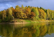 деревья, Осень, небо, река, берег