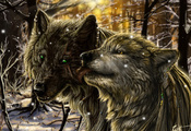 Волк, лес, снег, волчица, фантастика