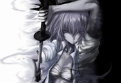 катана, меч, черное, белое, Touhou, девушка, рисунок катана, меч, черное, белое, Touhou, девушка, рисунок