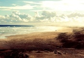 волны, океан, небо, песок, люди, горизонт, Пляж