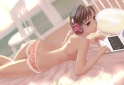 постель, meiko, комната, Vocaloid, ноутбук, наушники, девушка постель, meiko, комната, Vocaloid, ноутбук, наушники, девушка