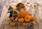 доски, Тыквы, осень, игрушки, корзина, овощи, солома