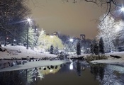 снег, ставок, деревья, парк, Город, фонари, зима