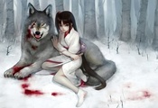 снег, волк, кинжал, рана, девушка, Fukawa, кровь, шрам