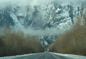 дорога, лес, снег, дымка, туман, Зима, горы