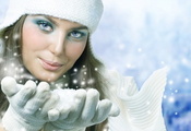 шапка, Настроения, девушка, снег, снежинки, зима