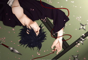 сюрикен, uchiha sasuke, Naruto, лепестки, кунай, красная нить сюрикен, uchiha sasuke, Naruto, лепестки, кунай, красная нить