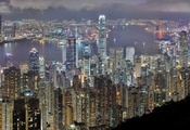 ночь, Гонконг, здания, небоскребы