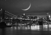 луна, река, мост, дома, ночь, здания, New york, город, огни