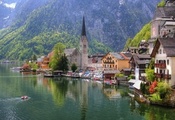 озеро, Австрия, austria, церковь, дома, город