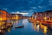 облака, гондолы, канал, Венеция, лодки, дома, огни, вечер