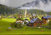 деревня, коровы, Gosau village, дома, австрия, austria