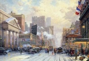 Thomas kinkade, snow on seventh avenue, street, painting, city, new york, 1 ...