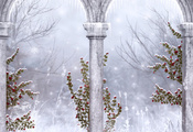 сосульки, снежинки, Готика, зима, колонны, руины