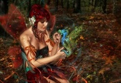 рыжая, 3d art, фея, девушка, крылья, лес, дракон, 