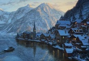 alps, town, austria, lushpin, Eugeny lushpin, painting, mountain, hallstatt ...