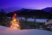 деревья, Новый год, елка, горы, зима, игрушки, природа