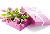 Подарок, коробка, тюльпаны, сиреневый, букет