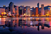 огни, Гонконг, закат, здания, небоскребы, вечер, залив