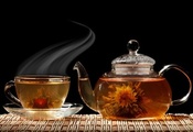 чашка, цветок, чайник, черный фон, блюдце, Чай