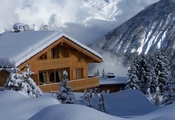 зима, домик, снег, деревянный, сугробы, горы, Франция