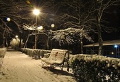 снег, вечер, свет, скамейка, Зима, деревья