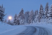 дорога, луна, сумерки, лес, деревья, Зима, снег