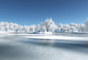 лес, река, снег, Зима