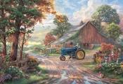 painting, barn, Summer heritage, thomas kinkade, man, animals, summer, kink ...