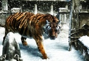 идет, Тигр, рендеринг, зима, снег