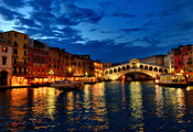 вечер, гондолы, лодки, Венеция, дома, канал, огни