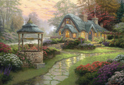 thomas kinkade, Пейзаж, живопись, make a wish cottage, лес, цветы