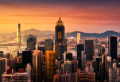 закат, залив, Гонконг, hong kong, здания, небоскребы