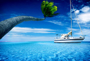 пальма, небо, пальмы, вода, жара, Лодка, лето, лодки