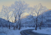 winter, trees, car, Park city, painting, lushpin, art, road, snow, evening, ...