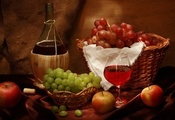 корзина, Вино, бокал, wine, бутылка, виноград, яблоки