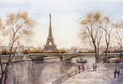 Париж, эйфелева башня, город, франция, река, рисунок