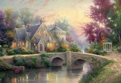 cottage, Lamplight manor, art, thomas kinkade, lamps, manor, river, paintin ...