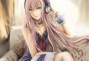 диван, vocaloid, девушка, cj man, megurine luka, Арт, наушники диван, vocaloid, девушка, cj man, megurine luka, Арт, наушники