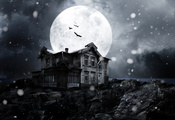 full moon, moon, Haunted house, bats, moonlight, snow, creepy, midnight, ni ...